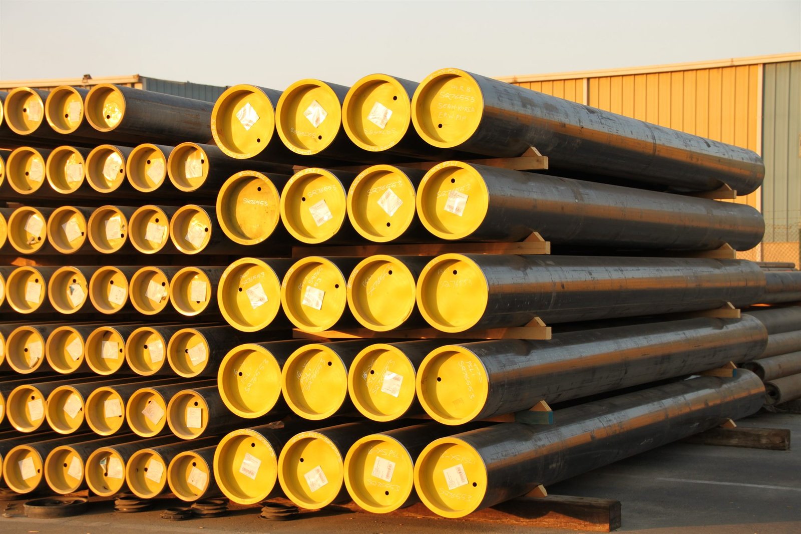 Stacked carbon steel line pipe with yellow end caps in the stock yard